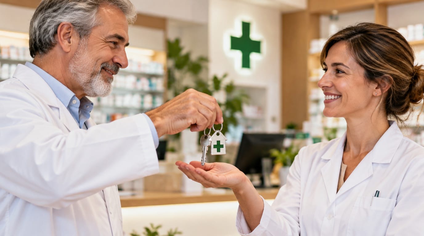 Transmisión familiar de una farmacia: un farmacéutico entrega las llaves de la oficina de farmacia a su sucesora